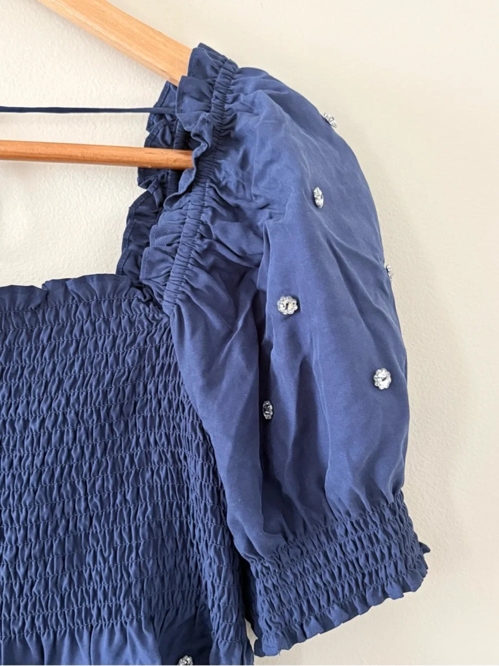 Hill House Home Jewel Jammy Top Navy Blue Smocked Peplum‎ Puff Sleeve Size M